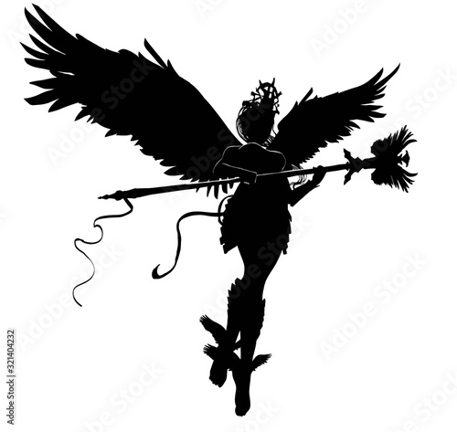 Black silhouette of a beautiful angel woman with a long staff and a diadem on her head with huge black wings and hair fluttering in the wind. In a dynamic view from the top. 2D illustration