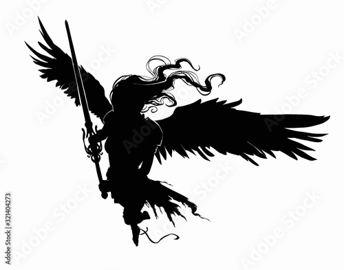 Black silhouette of a beautiful angel woman with a long two-handed sword, huge black wings and hair fluttering in the wind. In a dynamic view from the top. 2D illustration