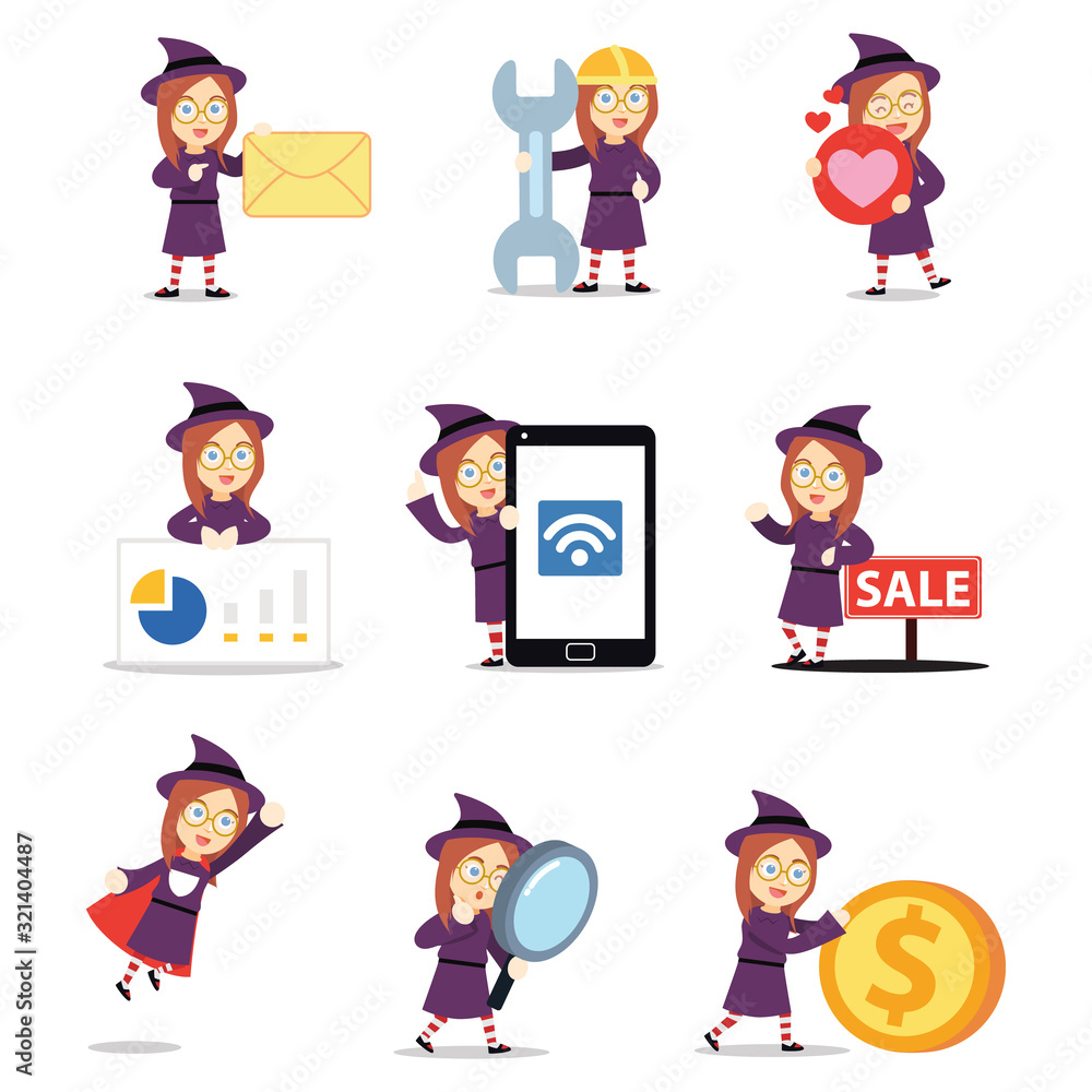 Set character of woman witch driving a flying broomstick. Set character of woman witch driving a flying broomstick.