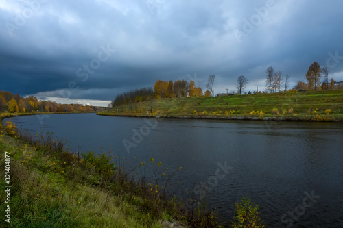 Aerial View Of Moscow Canal On A Rainy Autumn Evening