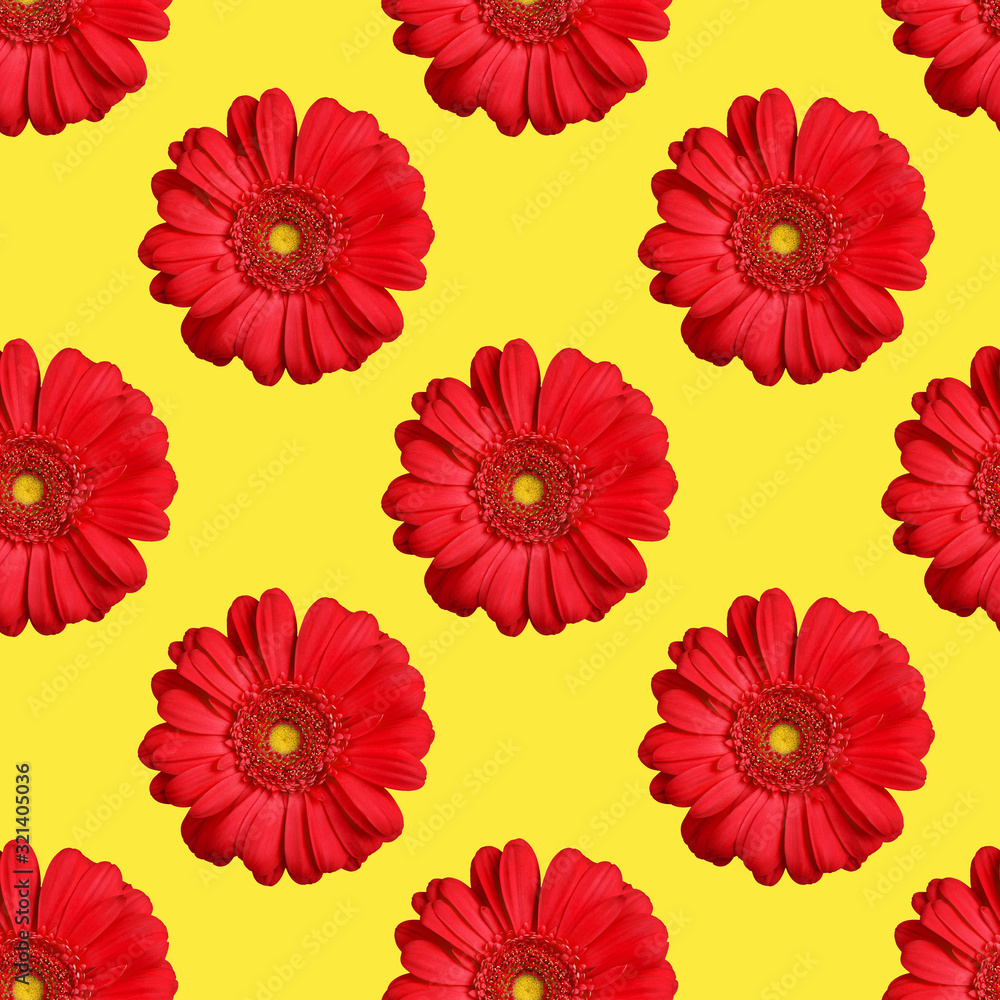Seamless pattern of red gerbera flowers on yellow background isolated, bright orange daisy flower repeating ornament, beautiful summer vibrant color floral wallpaper, vivid decorative print backdrop Seamless pattern of red gerbera flowers on yellow background isolated, bright orange daisy flower repeating ornament, beautiful summer vibrant color floral wallpaper, vivid decorative print backdrop