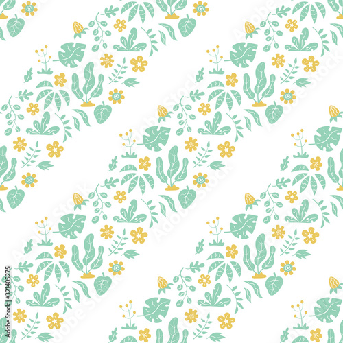 Seamless pattern with tropical green leaves and yellow flowers on white backround. Diagonal stripes. Vector illustration