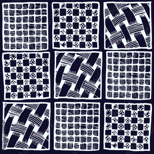 Squares with different patterns inside. Tiles with illustrations.