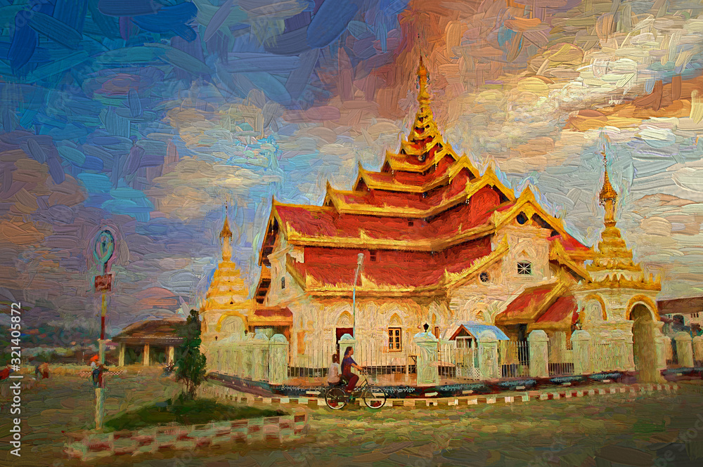 The beautiful evening landscape of Wat Phra Chao Luang Temple in Kengtung (Kyaing tung) city, Shan State, Myanmar. Abstract oil painting.