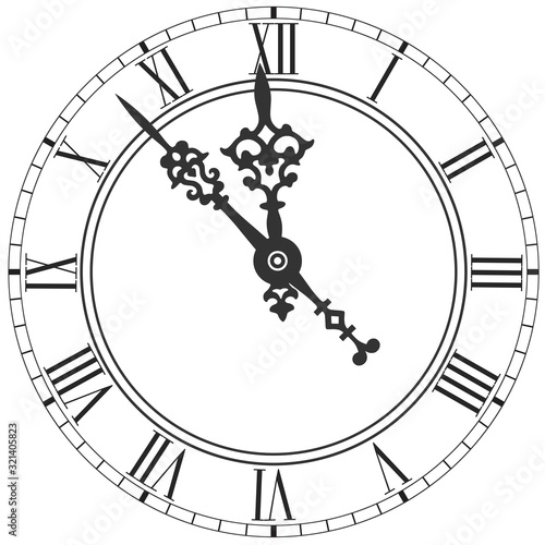 Elegant clock face with roman numerals and figured hands isolated on white background