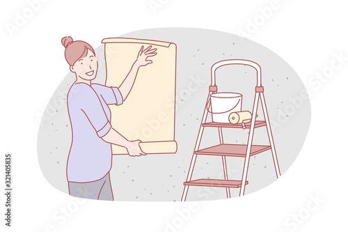 Repairing flat, service, wallpapering concept