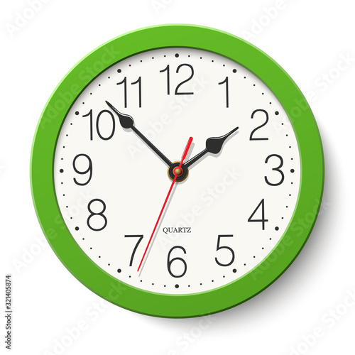 Round wall clock with green body isolated on white background.