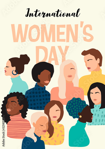 International Womens Day. Vector illustration of abstract women with different skin colors.