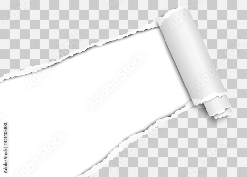 Vector diagonally torn hole in transparent sheet of paper from lower left corner with curl, soft shadow and white background