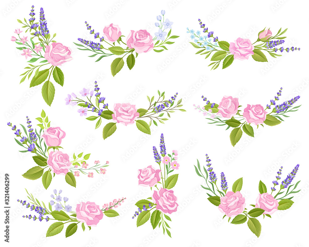 Floral Arrangements of Roses and Lavender Vector Set