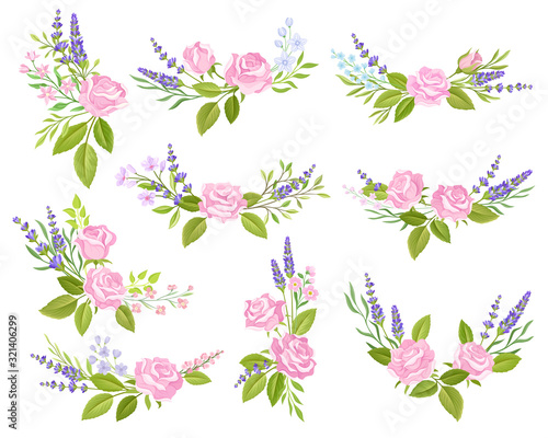 Floral Arrangements of Roses and Lavender Vector Set