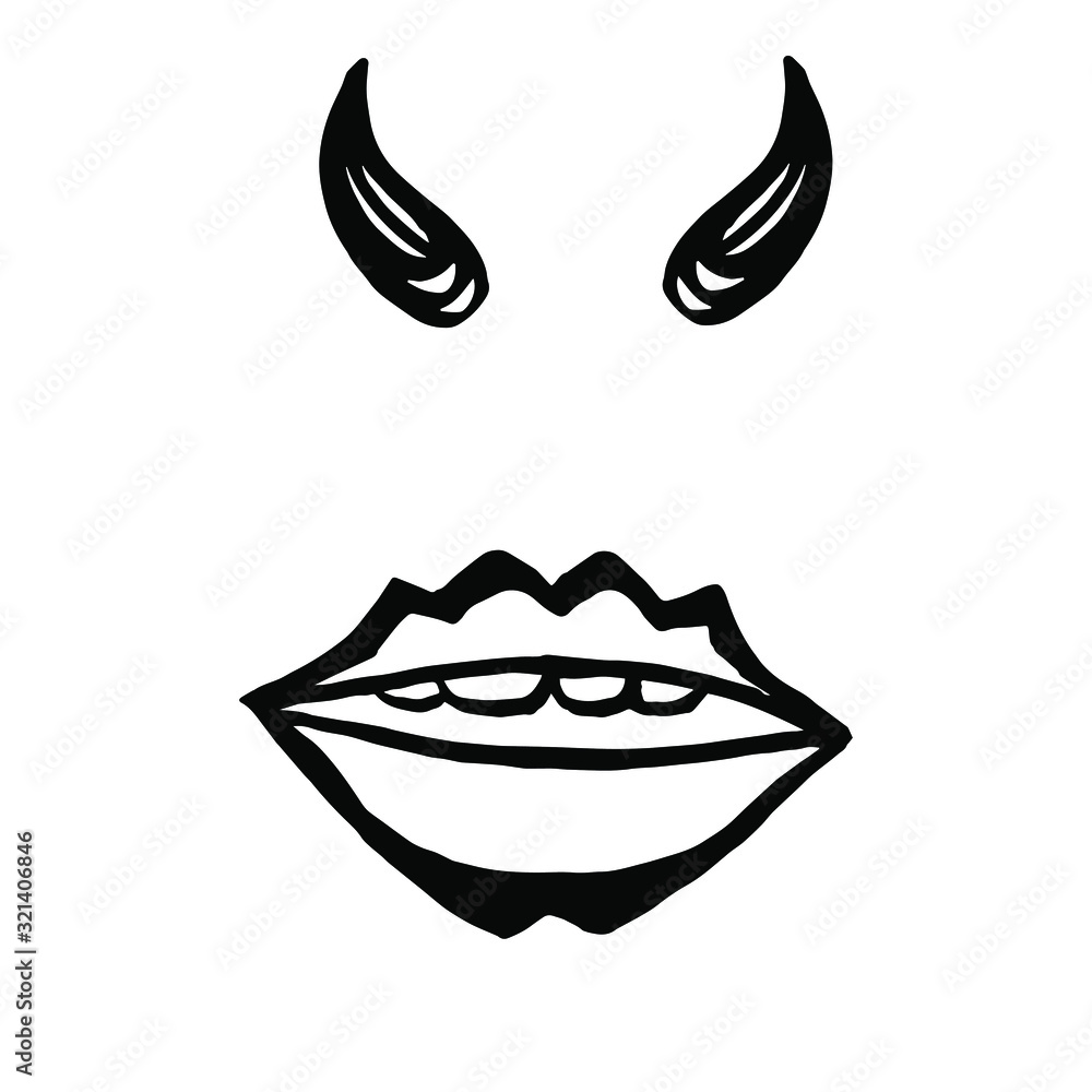 Vector illustration.Close-up abstract drawing of devil lips and horns.