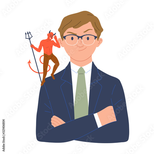 a businessman with a cunning and suspicious-eyed face posing folding his hands on his chest with a metamorphosis of the demonic figure on his shoulder