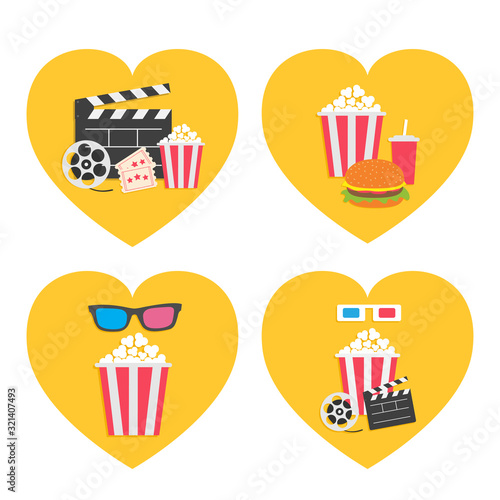 Pop corn icon heart set. Movie reel. 3D glasses. Open clapper board Popcorn box package Ticket Admit one. Three star. Hamburger soda drink. I love cinema. Flat design style. Yellow background.