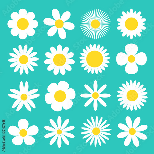 Daisy chamomile icon. White camomile super big set. Cute round flower head plant collection. Love card symbol. Growing concept. Flat design. Green background. Isolated.