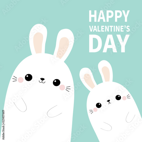 Happy Valentines Day. Two white bunny rabbit hare face silhouette family set. Pink blush cheeks. Cute cartoon funny pet baby character. Funny kawaii smiling animal. Flat design Blue background.