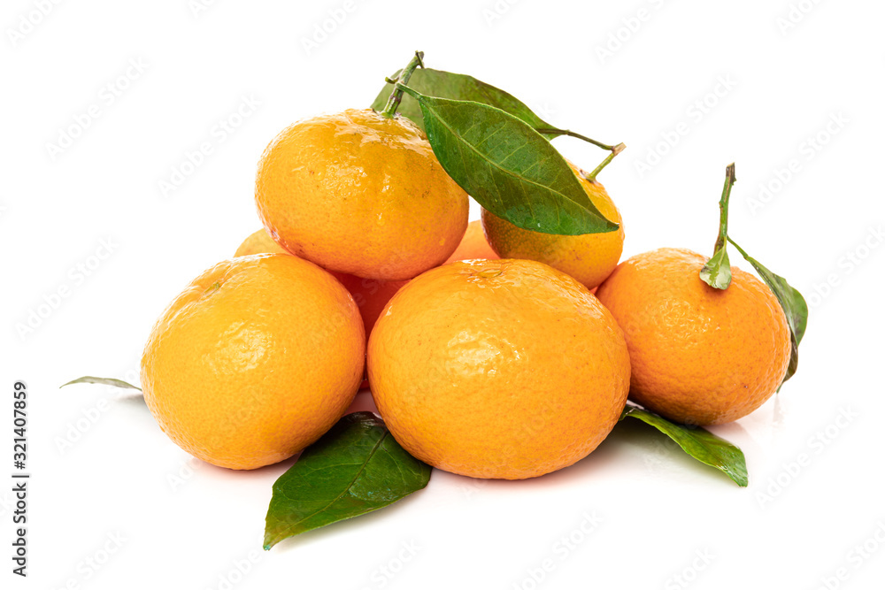Ripe mandarines with leaves close-up on a white background Ripe mandarines with leaves close-up on a white background