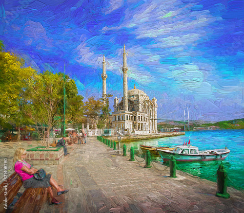 Canvas Print A relaxing afternoon with beautiful landscape of Ortakoy Mosque and Bosphorus Bridge in Istanbul, Turkey