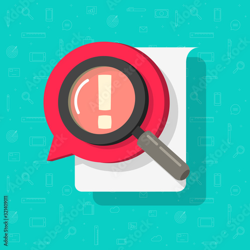 Identify document file search or risk comment censor in online chat bubble speech icon vector flat cartoon illustration, concept of message censorship or rude content caution alert, danger find image