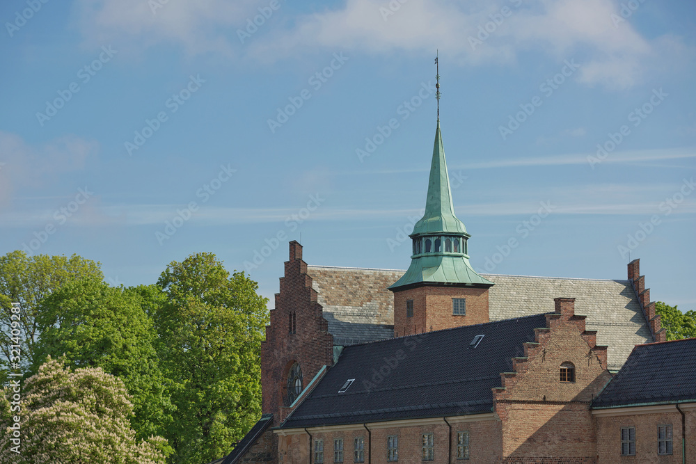 Fototapeta premium Akershus Fortress or Akershus Castle of Oslo in Norway is a medieval castle that was built to protect and provide a royal residence