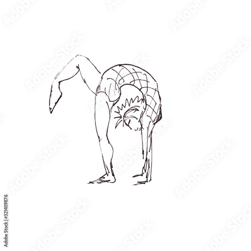 Graphic black and white drawing of a circus acrobat