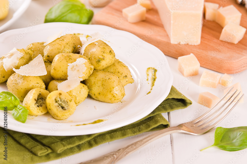 Potato gnocchi stuffed with pesto sauce. Potato gnocchi stuffed with pesto sauce.