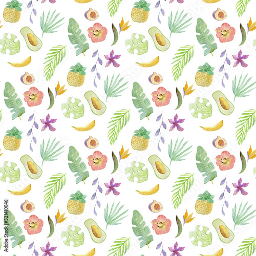 Tropical plants. Seamless pattern. Watercolor illustration.