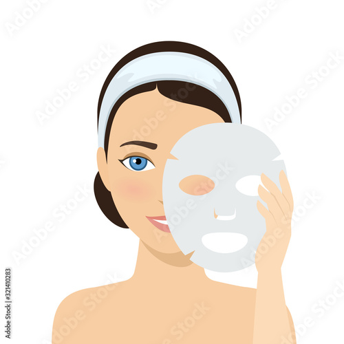 Girl puts on face sheet mask. Facial mask with serum, skincare product. Vector
