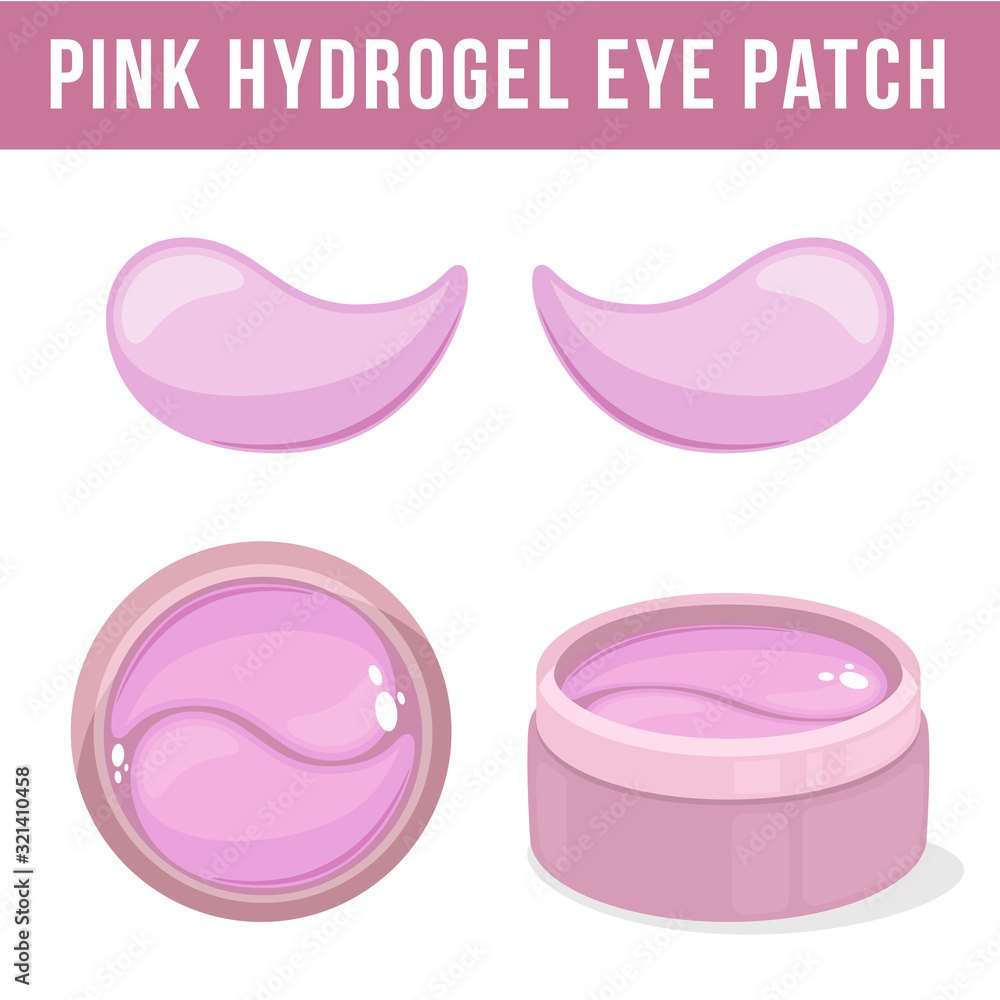 Pink hydrogel eye patches. Cosmetic collagen eye patches. Pot with eye patches for beauty and skin care. Vector Pink hydrogel eye patches. Cosmetic collagen eye patches. Pot with eye patches for beauty and skin care. Vector