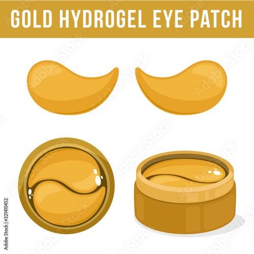 Golden hydrogel eye patches. Cosmetic collagen eye patches. Pot with eye patches for beauty and skin care. Vector