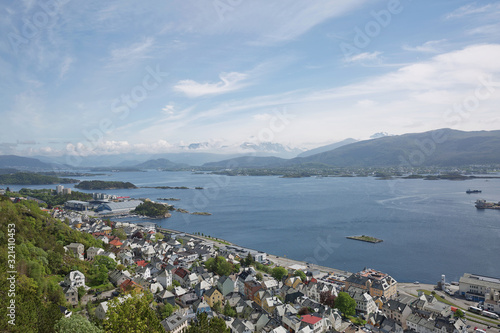 The bird's eye view of Alesund port town on the west coast of Norway, at the entrance to the Geirangerfjord