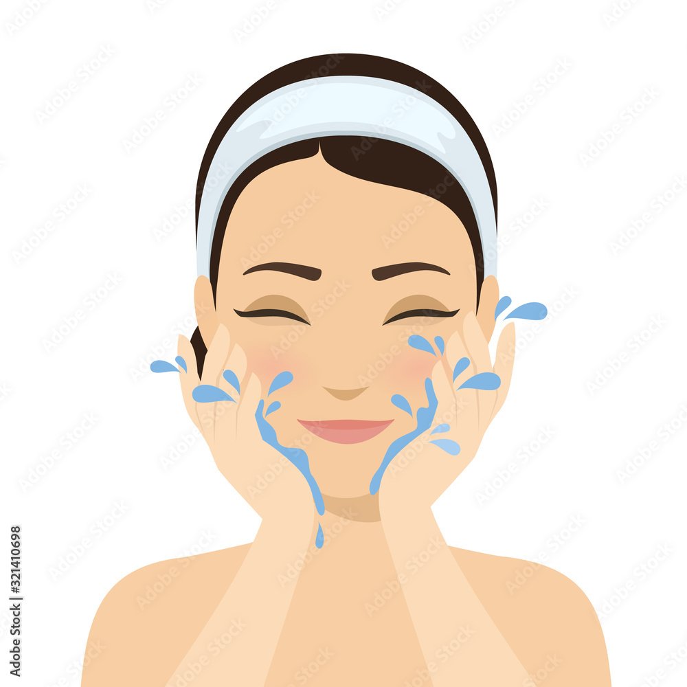 Girl washing face with water. Skin cleansing, beauty treatments, skin washing. Cosmetic and skin care procedure. Vector