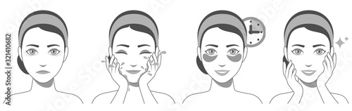 Process of applying and using hydrogel eye patches. Cosmetic collagen eye patches. Black and white illustration of eye patches for beauty and skin care. Vector