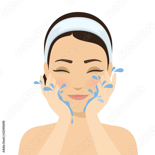 Girl washing face with water. Skin cleansing, beauty treatments, skin washing. Cosmetic and skin care procedure. Vector