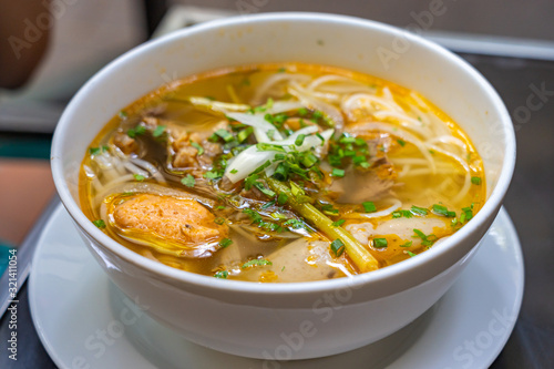 Bowl of delicious Vietnamese beef noodle soup- Bun Bo
