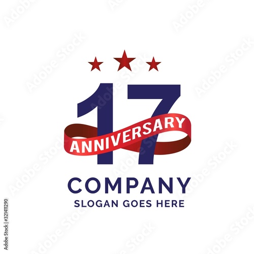 17 years anniversary logo with blue text and red ribbon