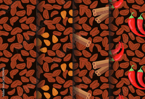 Collection of cocoa beans doodle background textures for chocolate wrapping paper. Almonds, cinnamon, red chili pepper taste illustration. Repeating dark background for textile, wallpaper, blog, card.