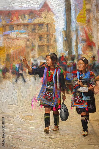 Happy hill tribe ladies dressed with traditional clothes while walking on the street for shopping during beautiful afternoon at Sapa town, Vietnam.- oil painting
