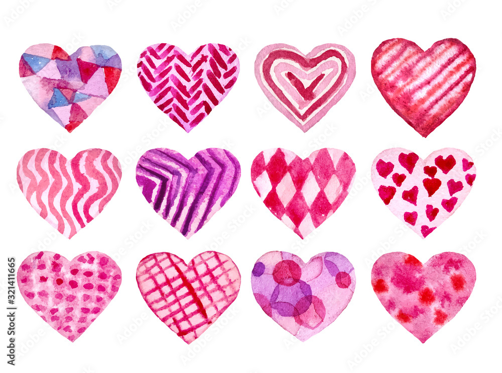 Vector Set of hand painted watercolor hearts. Isolated objects perfect for Valentine's day card or romantic post cards