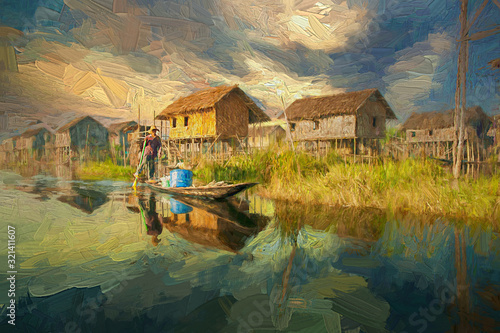 Picture of water reflections of man rowing his boat by leg and traditional floating village behind in beautiful evening at Inle Lake, Myanmar.- oil painting photo