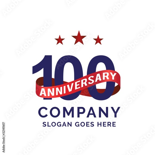 100 years anniversary logo with blue text and red ribbon