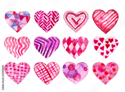 Vector Set of hand painted watercolor hearts. Isolated objects perfect for Valentine s day card or romantic post cards
