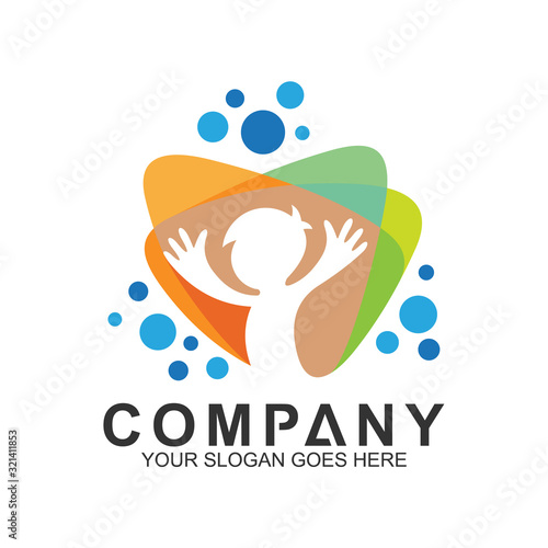 happy kid logo design in flat multicolored style