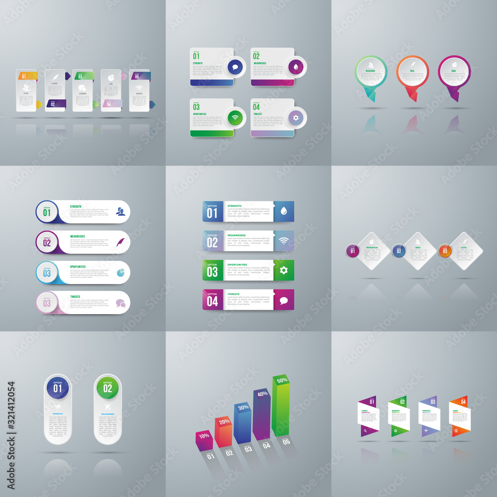Infographic elements. Set of infographic design layouts with 9 option. Round diagrams, workflow and flowcharts, thin line icons and place for text. bar and line charts, -Vector.. Infographic elements. Set of infographic design layouts with 9 option. Round diagrams, workflow and flowcharts, thin line icons and place for text. bar and line charts, -Vector..