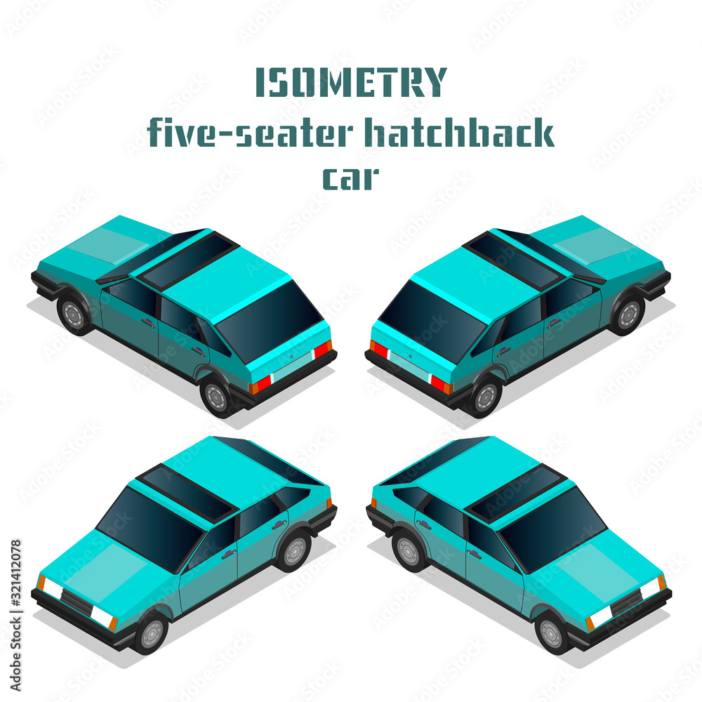 Isometry 3D five-seat passenger car hatchback in four projections