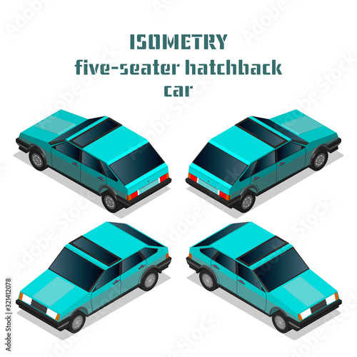 Isometry 3D five-seat passenger car hatchback in four projections