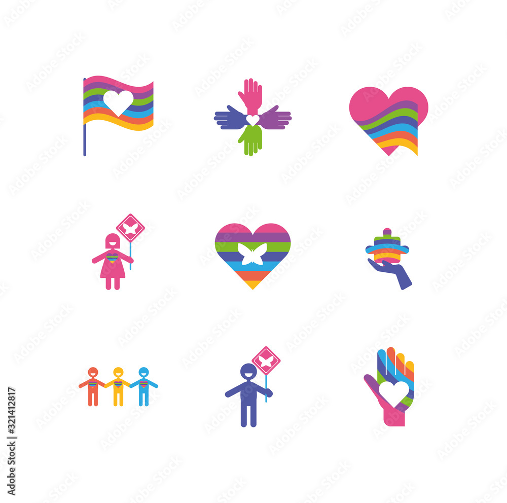 Fototapeta premium Icon set of zero discrimination day, flat style icons