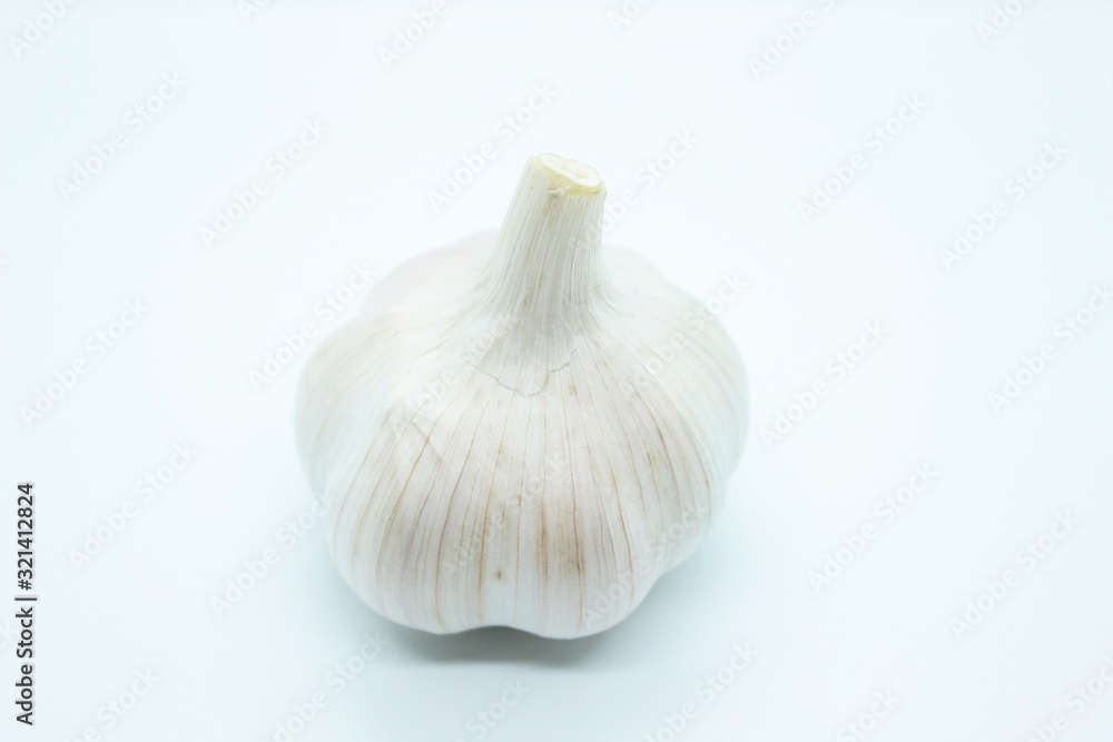 Garlic head located on a white background