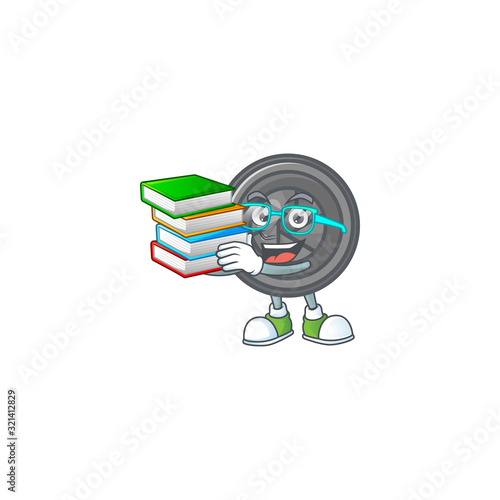 A brainy clever cartoon character of camera lens studying with some books