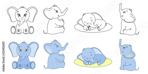 Cute cartoon elephants. Sitting and sleeping baby animals. Vector set coloring clipart